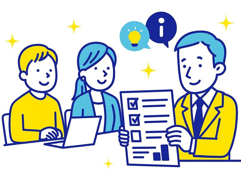 採用担当者が読みやすい職務経歴書テンプレートをイメージした青と黄色のフラットイラスト