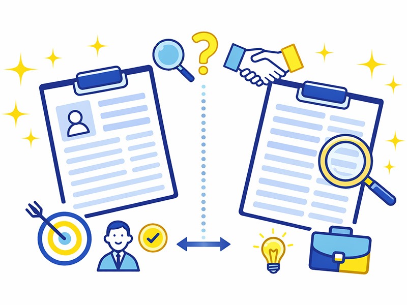 履歴書と職務経歴書の違いを整理し、役割や目的の違いを分かりやすく示した応募書類のイメージ