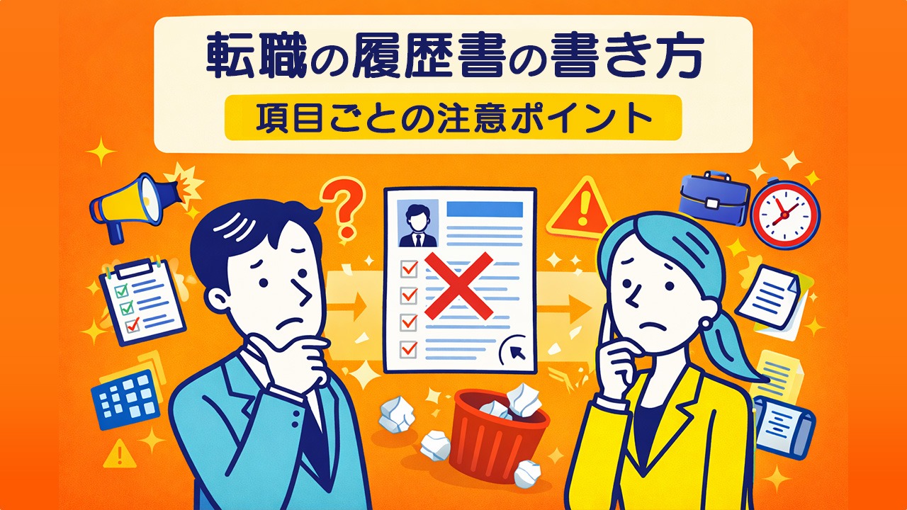 転職の履歴書の書き方を解説した図解イラスト。中途採用における志望動機・退職理由・自己PRなど項目ごとの注意ポイントを示している。