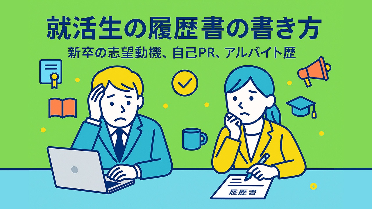 履歴書の書き方に迷う複数の就活生が、ノートPCや履歴書を前に相談している様子を描いた青×黄のフラットイラスト（履歴書 書き方）