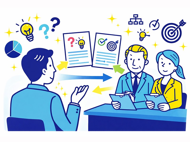 転職面接で逆質問が評価される理由を表したイラスト。応募者が質問し、面接官が理解力や主体性を確認する場面を表現。