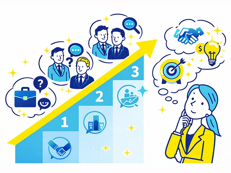 一次・二次・最終面接ごとに逆質問の視点や役割が変わることを整理した転職面接のイメージイラスト