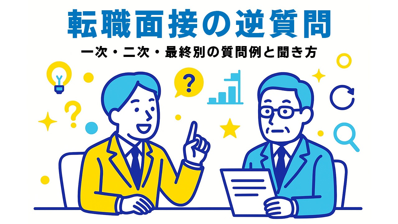 転職面接で応募者が面接官に逆質問をしている様子を描いたアイキャッチイラスト。質問メモを手に持ち、会話の吹き出しやチェックマーク、電球アイコンが配置された青と黄色のフラットデザイン。