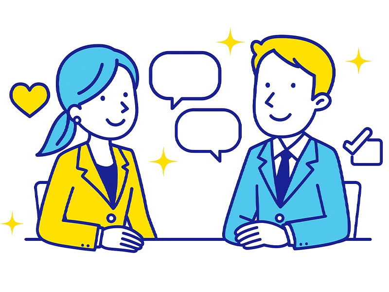 最終面接での評価基準をテーマにしたイラスト。経営層との面接で信頼性や価値観の一致を重視する様子を、青と黄色のフラットデザインで描いている。