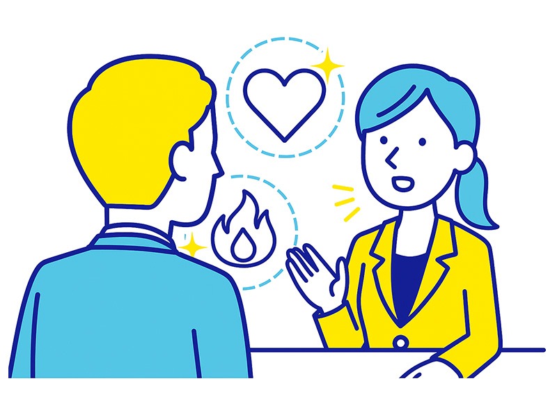 最終面接の評価基準と面接官の視点をテーマにしたイラスト。役員や社長が候補者を信頼・価値観・熱意の3つの観点から評価している様子を、青と黄色のフラットデザインで描いている。