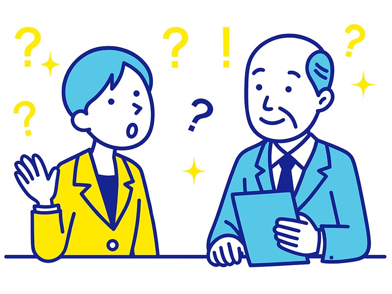 最終面接でよく聞かれる質問と答え方をテーマにしたイラスト。役員や社長と面接する社会人男女が、誠実な表情で対話する様子を青と黄色のフラットデザインで描いている。