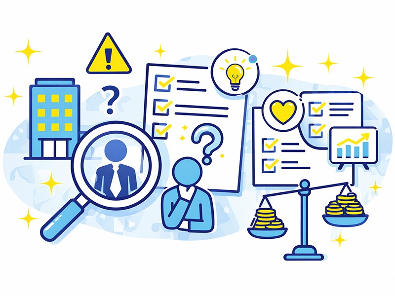 転職の二次面接で落ちる理由を、評価軸・採用リスク・将来性などの観点から構造的に整理したイメージイラスト