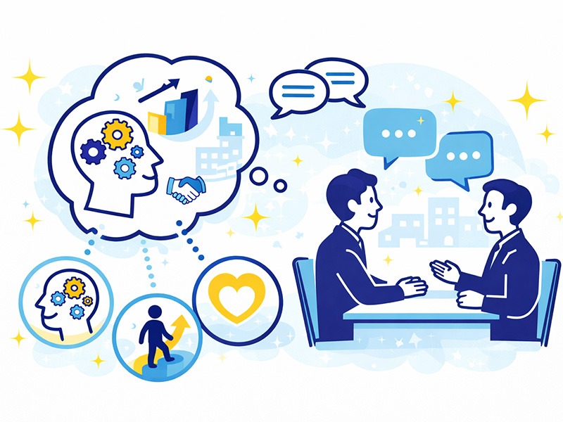 就活の二次面接で質問の背景にある考え方や思考プロセス、入社後の再現性を評価している様子を表したイメージイラスト