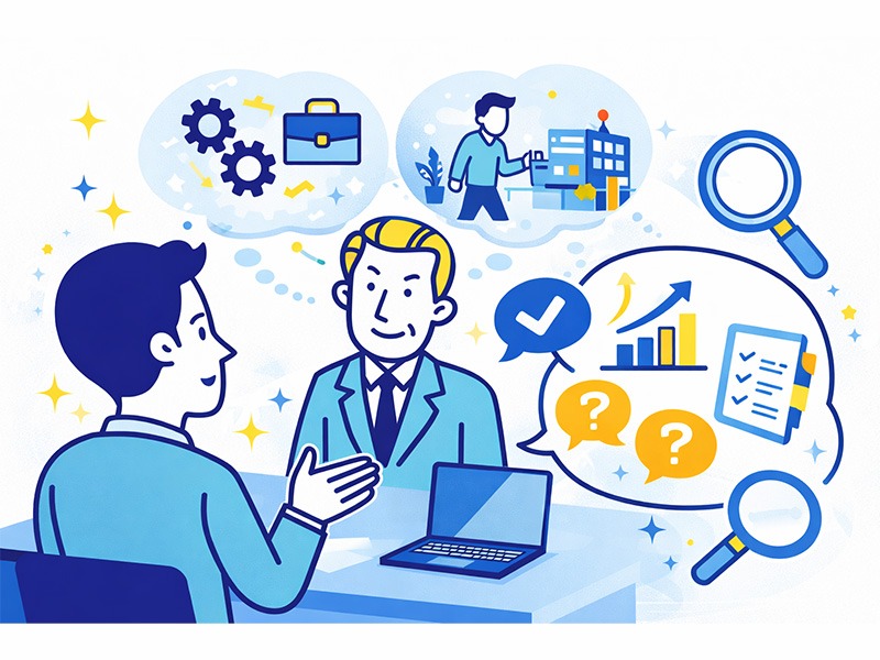 就活の二次面接で業務理解や活躍イメージにつながる逆質問を考える新卒就活生を表したイラスト