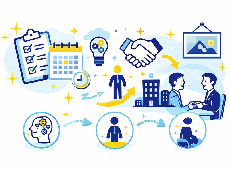 就活の二次面接で重視される考え方の一貫性や企業との相性、入社後の再現性をアイコンで表したイメージイラスト