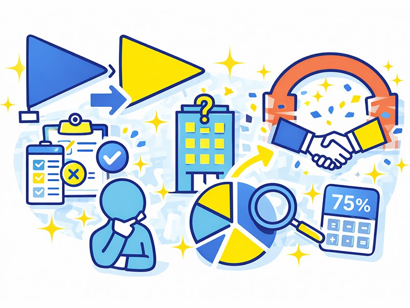 中途転職の二次面接通過率の目安や企業の判断構造を、数字と評価段階の観点から整理したイメージイラスト