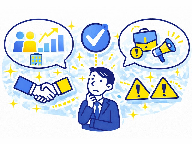 二次面接で見られやすい合格フラグや判断基準を、肯定要素と注意点の両面から整理したイメージイラスト