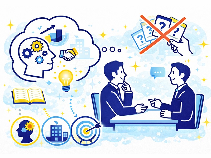 就活の二次面接に向けて、考え方や行動特性の再現性を整理し対策する様子をアイコンで表したイメージイラスト