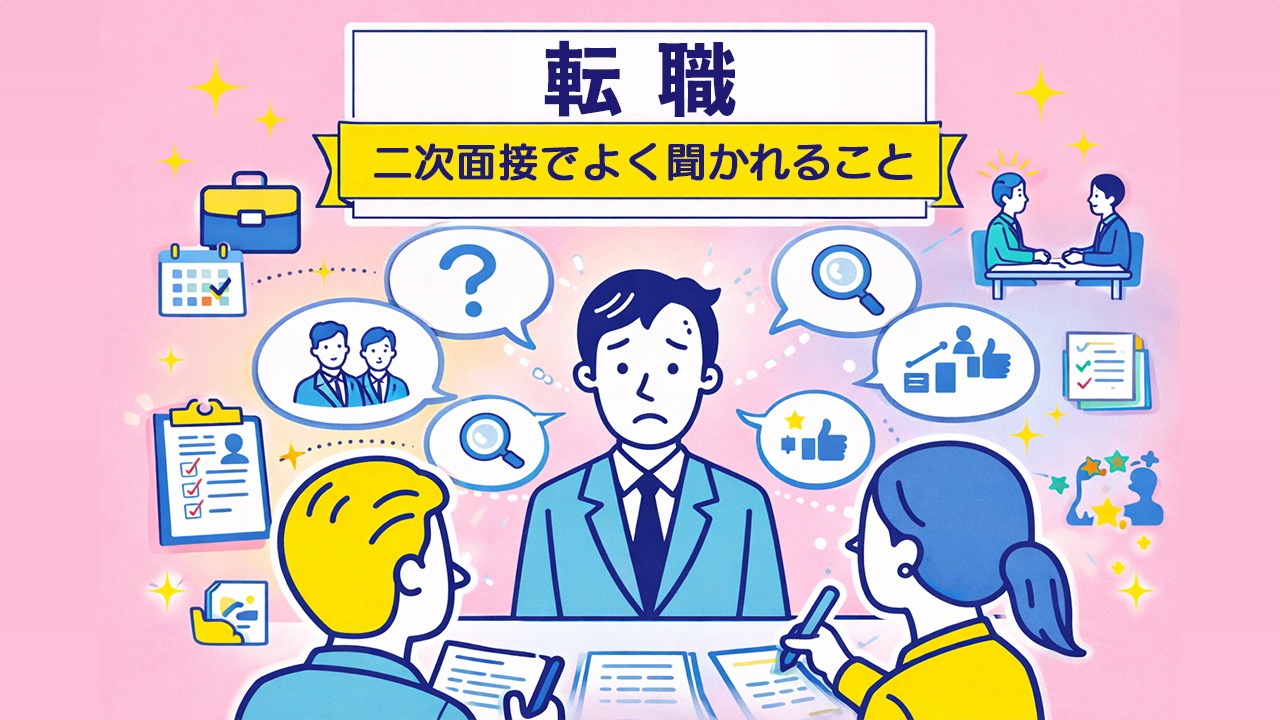 転職の二次面接でよく聞かれることとして、複数の質問を受ける中途採用の面接シーンを表したイメージ