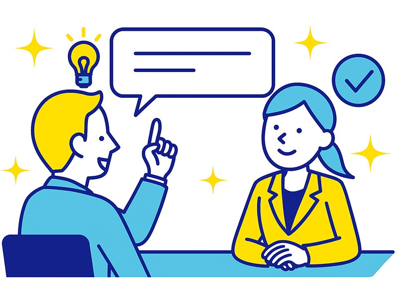 二次面接で応募者が部門責任者に逆質問を行う様子を描いたイラスト。青と黄色のフラットデザインで、会話を象徴する吹き出しやチェックマークのアイコンが配置されている。