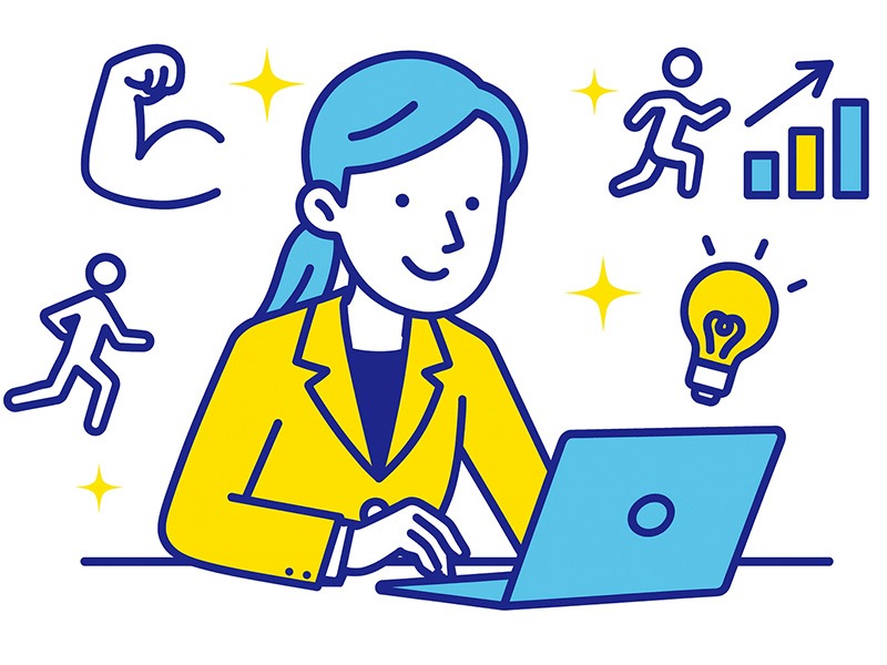 就活の自己PRの書き方を表現したフラットイラスト。学生が強みや行動特性を整理しながら自己PRを書く様子と、強み・行動・成果を象徴するアイコンを配置した図（自己PR 書き方）