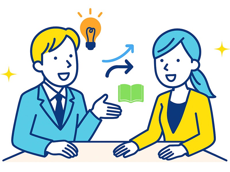 短期離職を前向きに伝える20代の面接シーンを描いたイラスト。若手社会人が面接官に学びや成長を伝える様子を、青と黄色を基調としたフラットデザインで表現。