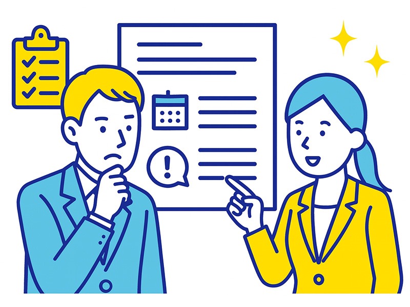 短期離職や在職期間のばらつきを職務経歴書で整理する方法をイメージした図。時系列の並べ方や統一フォーマットを示すアイコンを配置したフラットイラスト。