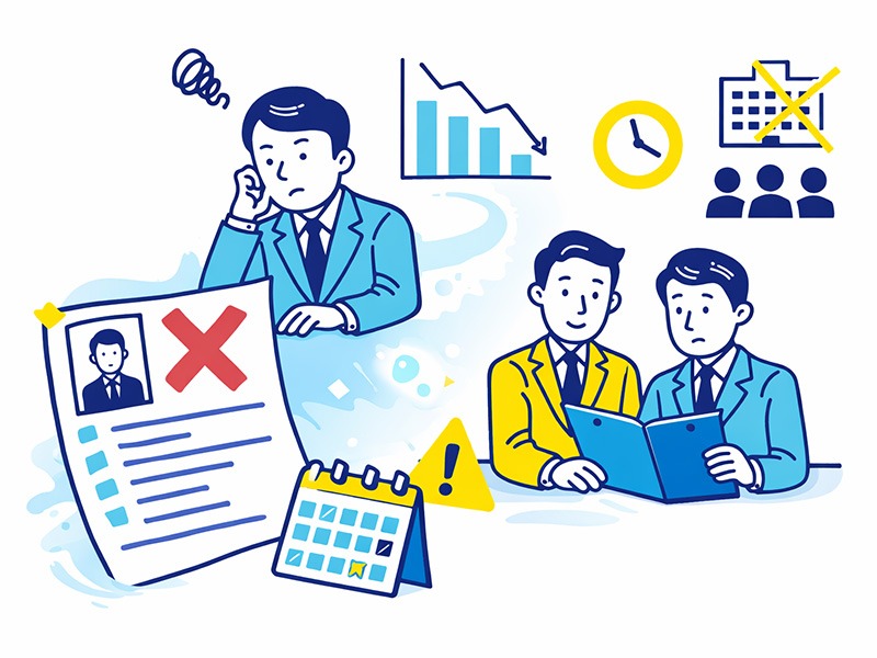 新卒就活における書類選考の通過率が下がる理由を、応募集中や企業側の採用体制など複数要因で整理したイメージ