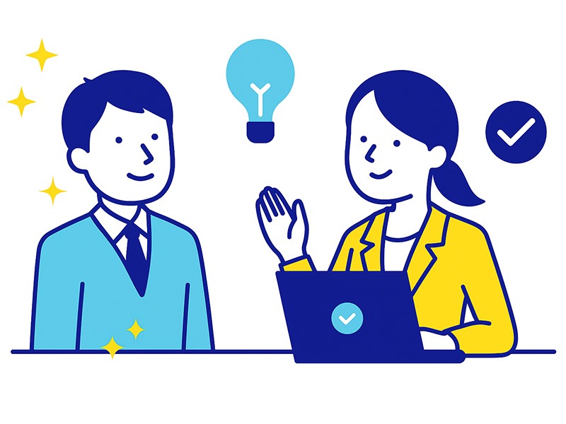 就活の一次面接で評価されるポイントをテーマにしたイラスト。誠実に受け答えする学生と面接官を描き、青と黄色を基調にしたフラットデザイン。