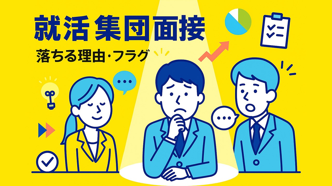 就活の集団面接で落ちる理由とフラグを示したアイキャッチイラスト（就活 集団面接 落ちる理由）