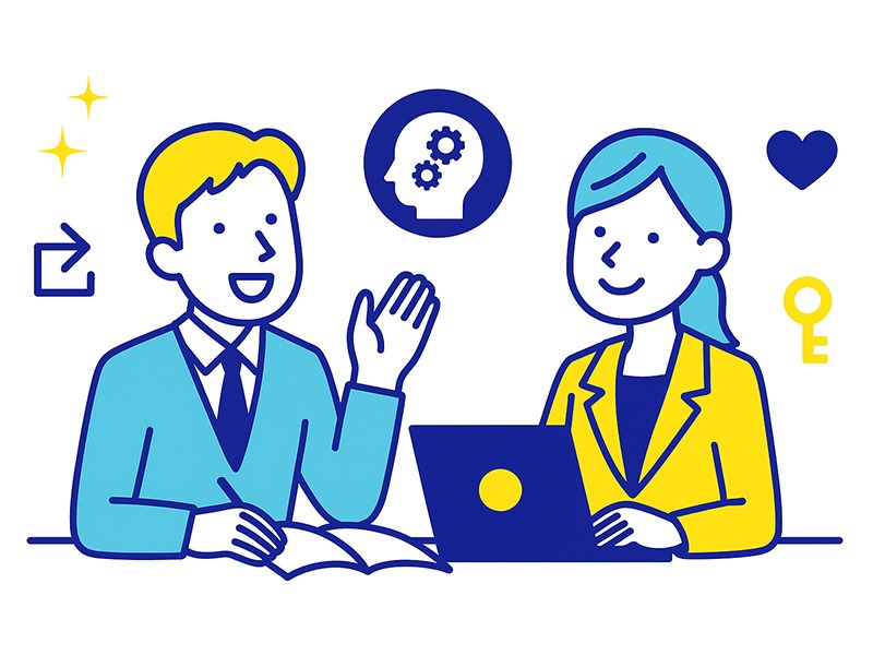就活の一次面接で企業が見ている評価基準をテーマにしたイラスト。誠実に話す学生と、うなずきながら話を聞く面接官を描き、青と黄色を基調にしたフラットデザイン。