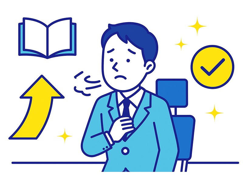 面接の緊張を克服するステップを表現した青と黄色のフラットイラスト。準備・模擬・実践を象徴する矢印とチェックマークを背景に配置。