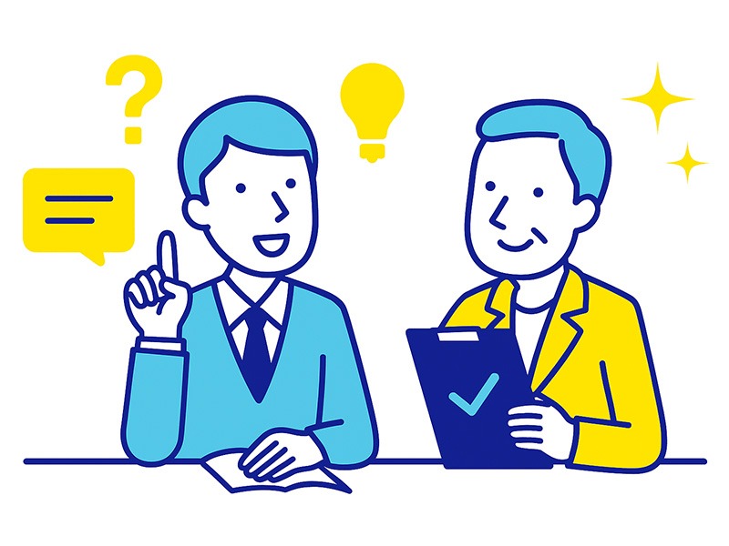 就活の一次面接でよく聞かれる質問をテーマにしたイラスト。面接官が質問を投げかけ、学生が落ち着いて答える様子を描き、青と黄色を基調にしたフラットデザイン。