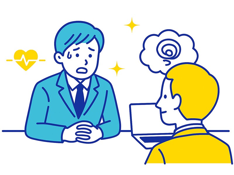 就活の面接で緊張する学生を描いた青と黄色のフラットイラスト。面接官の前で焦る表情を見せる学生と、心拍や思考を象徴するアイコンで緊張の仕組みを表現。