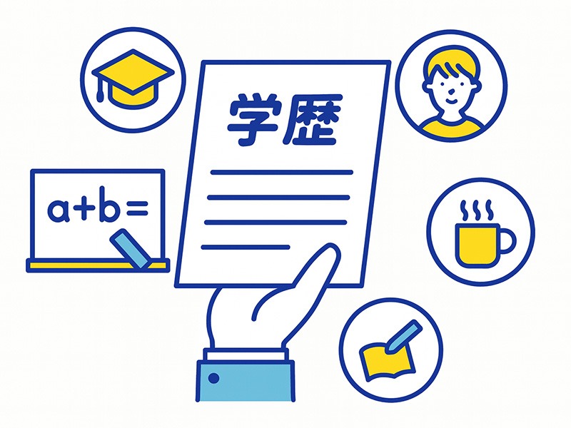 就活の履歴書で学歴と経験を書く基本ポイントを示したイラスト。大学・ゼミ・アルバイトの整理方法をイメージ化した図。