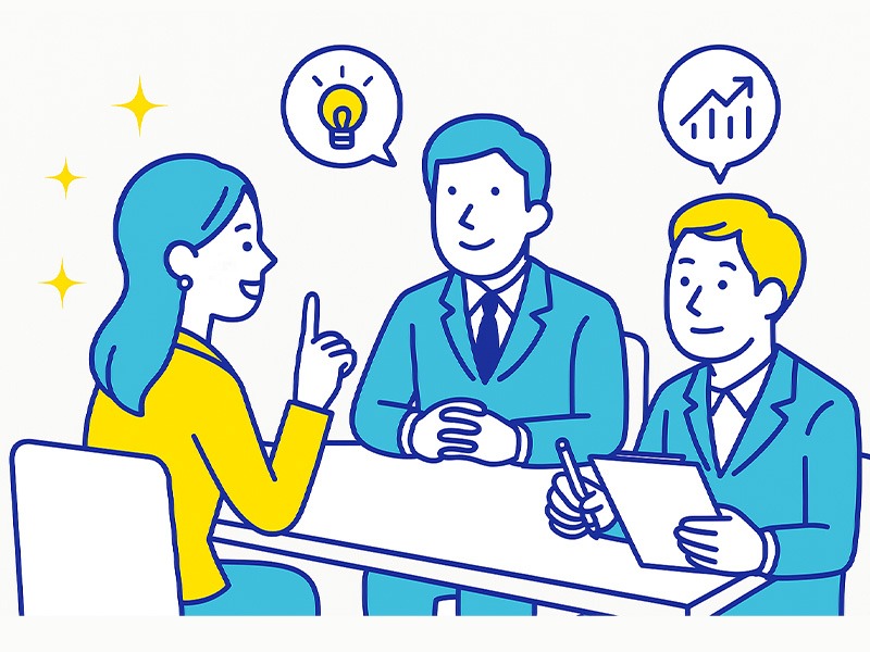 就活の二次面接をテーマにしたイラスト。学生が面接官に堂々と自分の考えを伝え、一次面接よりも深い質問に答える様子を青と黄色のフラットデザインで表現。