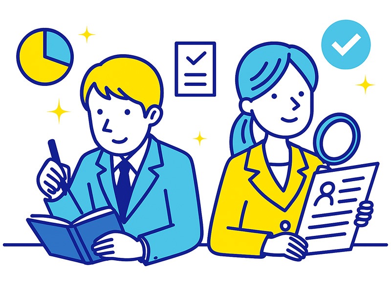 就活の二次面接通過率を上げるために準備する学生のイラスト。青と黄色を基調に、企業研究や自己分析を進める様子を描く。