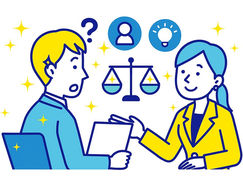 就活の二次面接をテーマにしたイラスト。スーツ姿の就活生と面接官が落ち着いて対話し、一次面接との違いや目的を表現した構図。青と黄色のフラットデザイン。