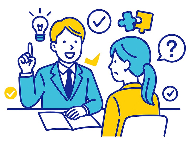就活の二次面接で質問に答える学生を描いたイラスト。青と黄色を基調に、面接官が質問し、学生が落ち着いて自分の考えを話す様子を表現。
