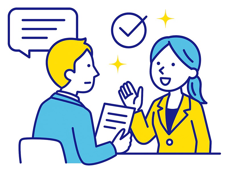 就活の二次面接対策をテーマにした青と黄色のフラットイラスト。面接官と学生が対話している場面を描き、吹き出しやチェックマークのアイコンを配置。