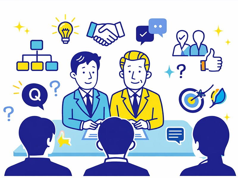 転職の集団面接が中途採用で行われる背景と評価の考え方を表したイラスト