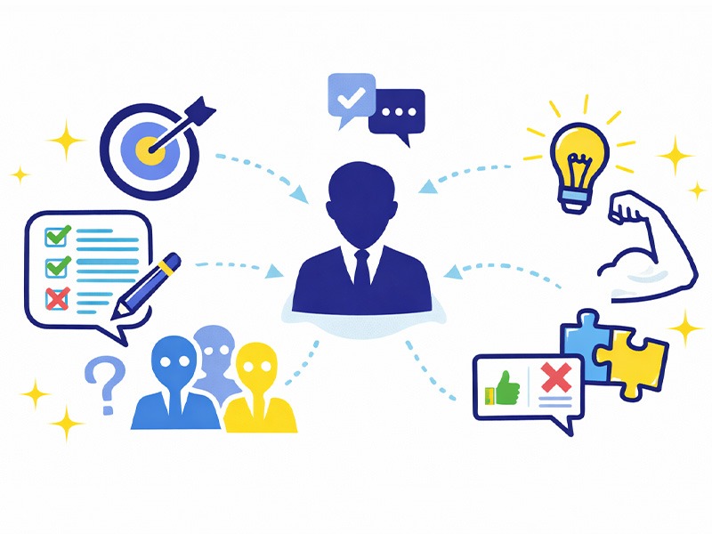 転職の集団面接で通過率を高めるための実践的な対策や評価ポイントを整理したイラスト