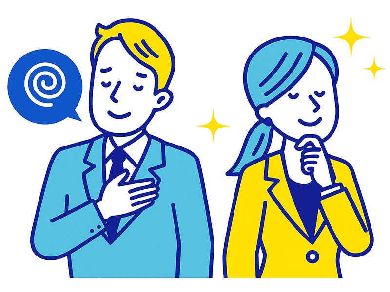 転職面接の緊張を和らげる呼吸と意識法を表すイラスト。青と黄色のフラットデザインで、スーツ姿の男女が深呼吸して落ち着く様子を描き、安心と集中を象徴するアイコンを配置。