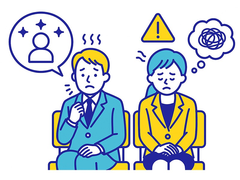 転職面接で緊張する男女を描いたイラスト。青と黄色のフラットデザインで、待合室の椅子に座り不安そうな表情を浮かべる二人の転職者を描く。プレッシャーや不安を象徴するアイコン付き。