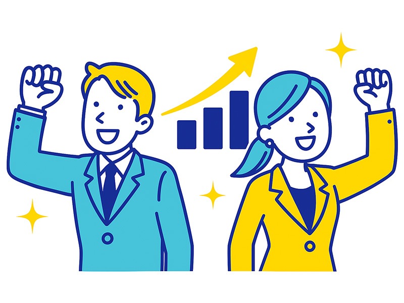 転職面接の苦手意識を克服する習慣づくりを表すイラスト。青と黄色のフラットデザインで、スーツ姿の男女が努力を重ねて成長し、自信をつけていく様子を描く。背後に上昇グラフと成功を象徴する矢印付き。