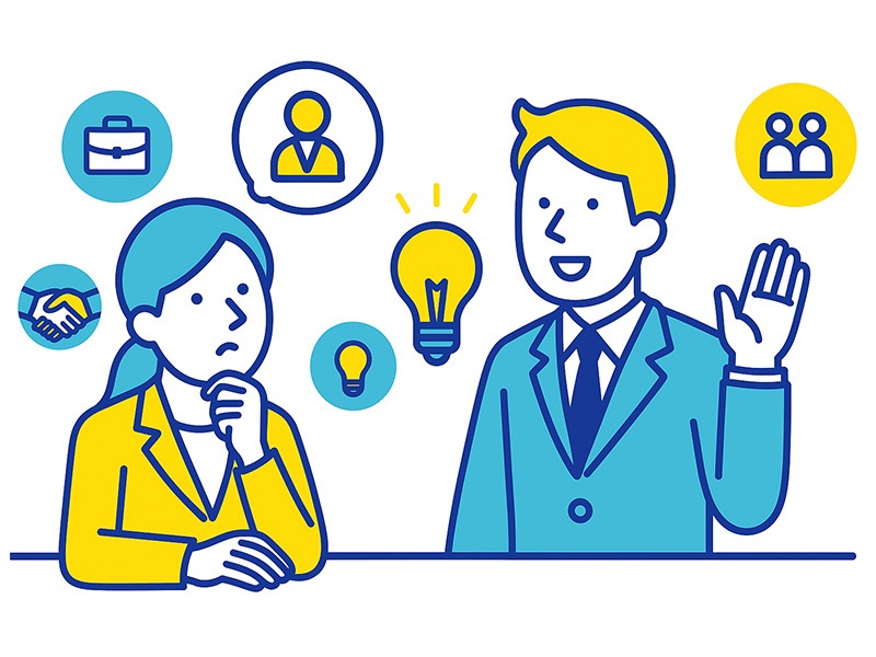 転職の二次面接における一次面接との違いをテーマにしたイラスト。面接官と候補者が対話し、信頼や協調性を象徴するアイコンが背景に配置された構図。