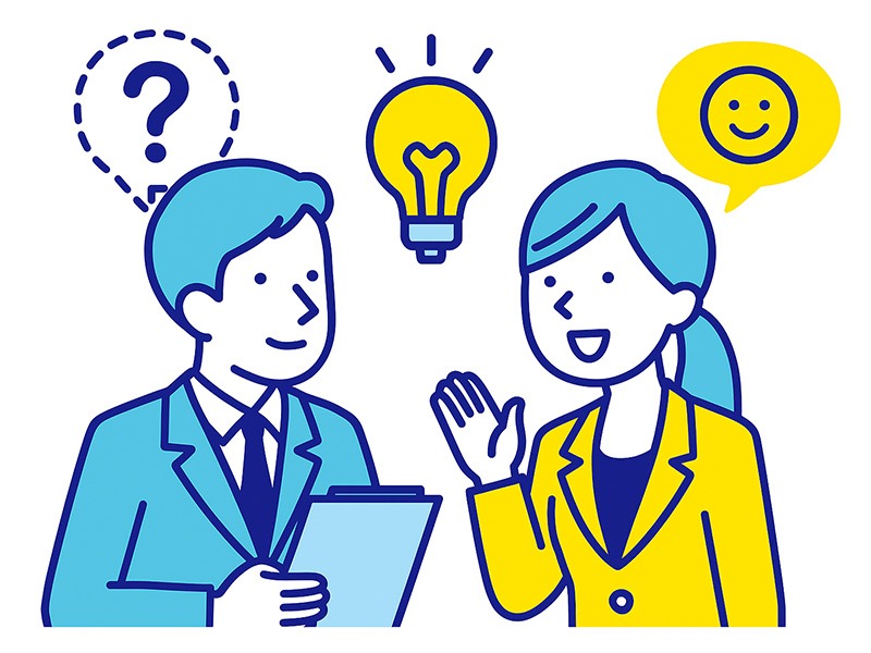 転職の二次面接で質問意図を読み取りながら答える社会人男女のイラスト。面接官の評価視点を意識し、思考を整理して的確に答える様子を表現した構図。