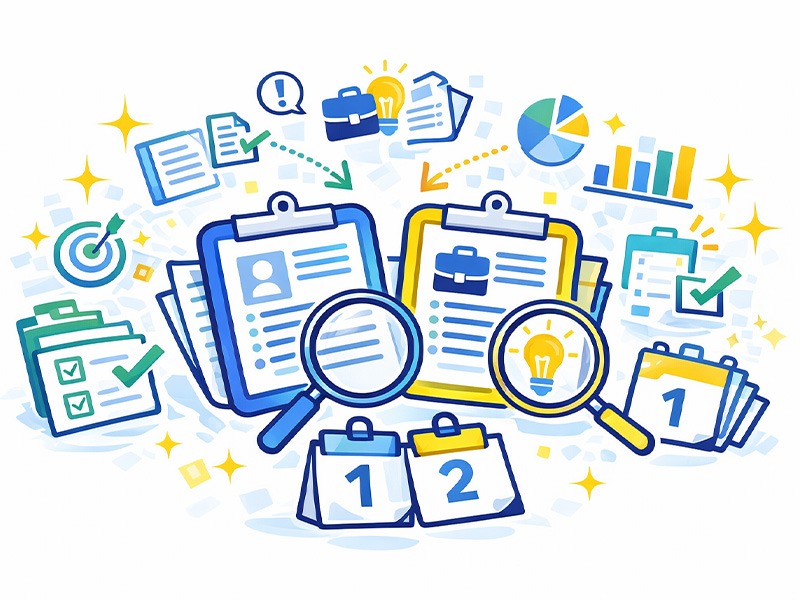 職務経歴書の評価されやすい項目設計を整理し、採用側が読み取りやすい構成や記載項目の役割を示したイラスト