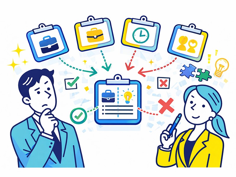 職務経歴書の職歴欄で書く・省略する経験を判断する基準を示し、採用側が重視する経験の整理軸を表したイラスト