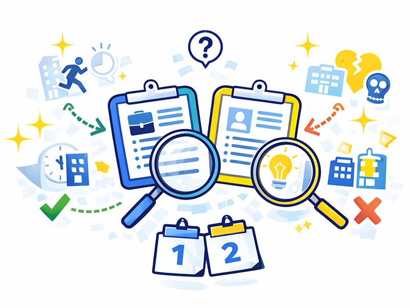 職務経歴書における短期離職や退職理由の書き方を判断する基準を整理し、省略がバレるかどうかや説明の粒度を示したイラスト