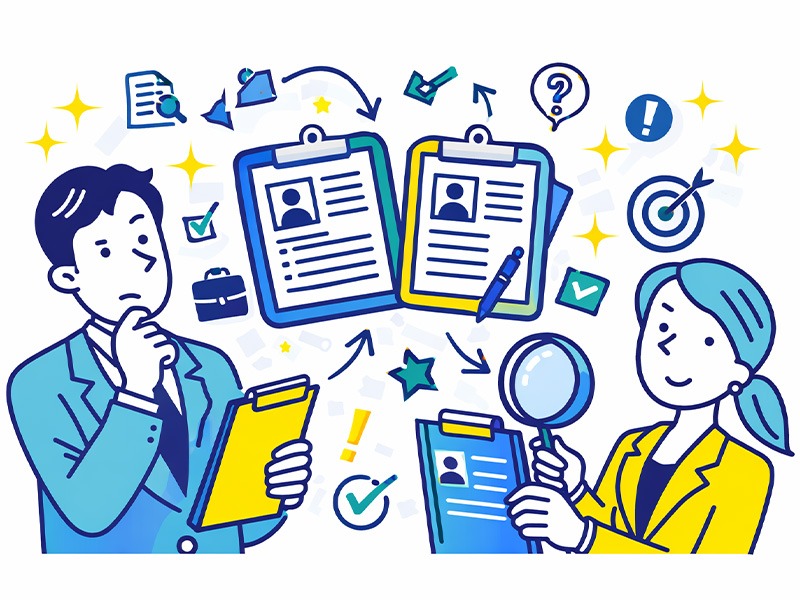 職務経歴書の職歴欄に何を書くべきかを判断する基準を整理し、省略の考え方や評価されやすい経験のまとめ方を示したイラスト