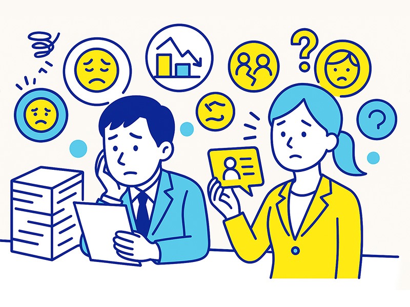 20代が仕事を辞めたい理由の全体像を表したイラスト。業務量の多さやできない不安、人間関係など複数の悩みを象徴するアイコンと人物を配置した構図。