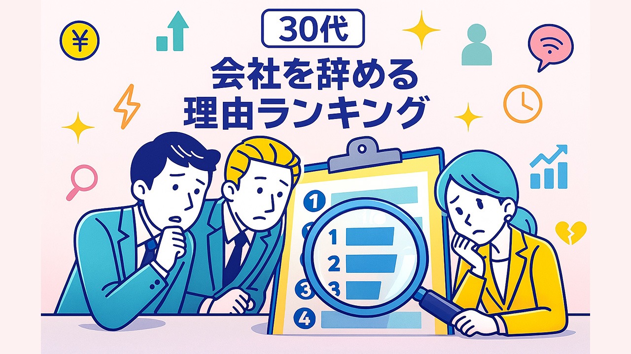 30代の会社を辞める理由ランキングを示したイラスト。中堅社員たちが虫眼鏡で大きなランキング表を覗き込み、不安そうな表情をしている構図。薄ピンク背景と多数のカラーアイコンを配置したデザイン。