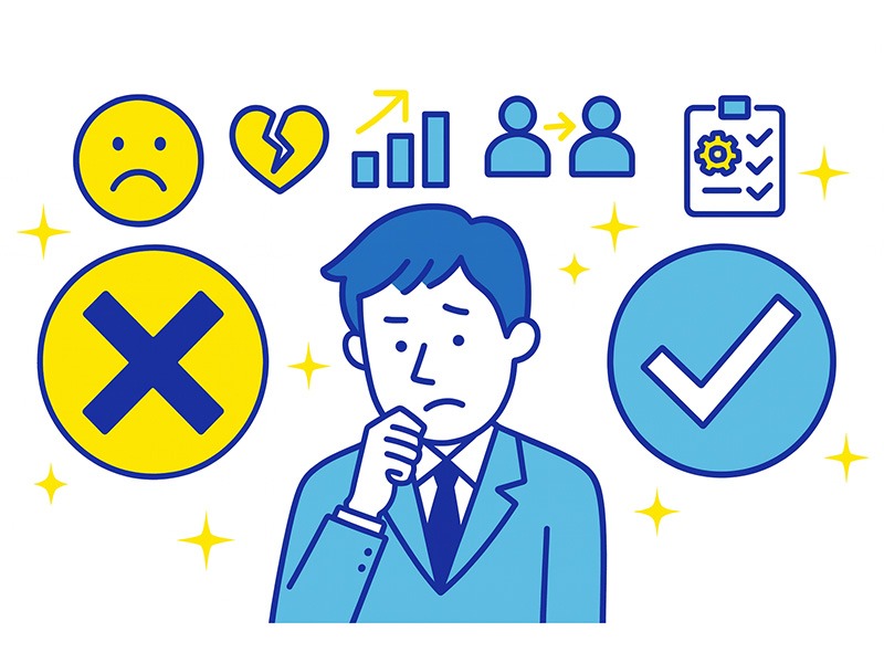 30代が仕事を辞めるか残るかを判断する基準をイメージしたイラスト。辞めるべきサインと残る価値があるサインを象徴するアイコンを配置し、迷いを整理する様子を表現。