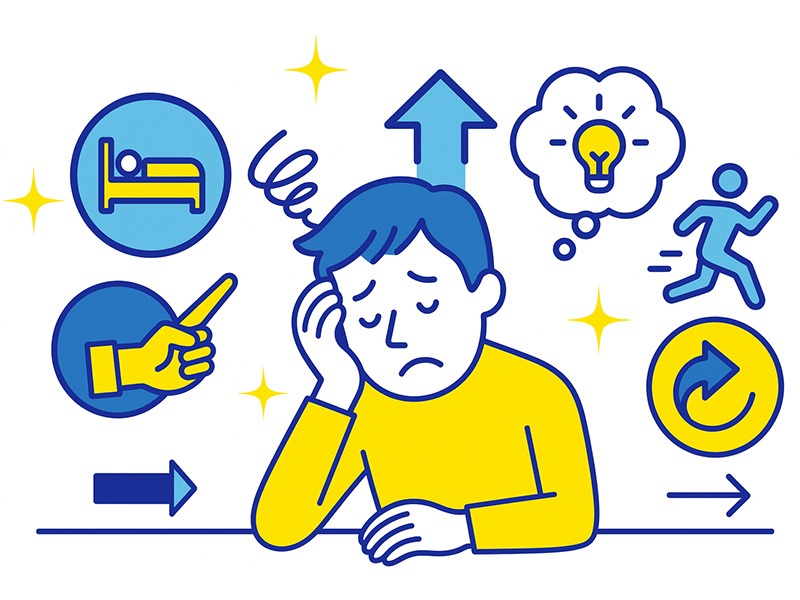 30代が仕事を辞めたいと感じる悩み別の対処法と改善アクションをイメージしたイラスト。疲れ・できない感・衝動的な辞めたい気持ちなどに向き合うための行動指針を示すアイコン構成。